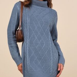 Lulus Cuddle Up Close Blue Cable Knit Turtleneck Sweater Dress - Size S